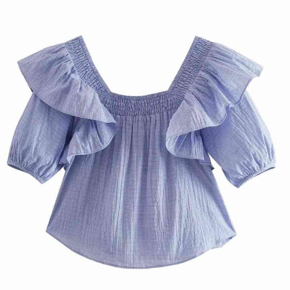 ✨NWOT✨ H&M Flutter Ruffle Sleeve Square Neck Checked Blouse